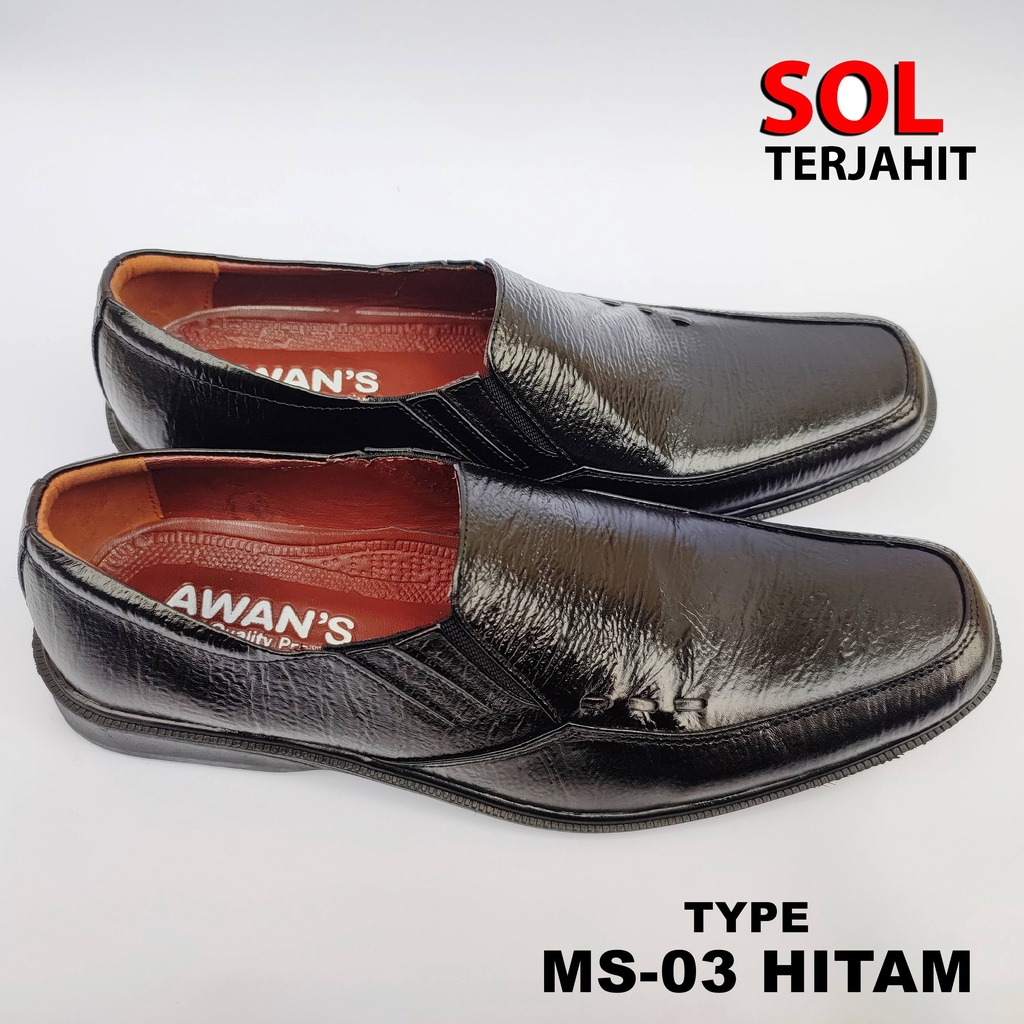 Sepatu Pantofel Hitam Pria Kulit Asli SOL KARET Terjahit Kuat Lentur &amp; Tidak Licin