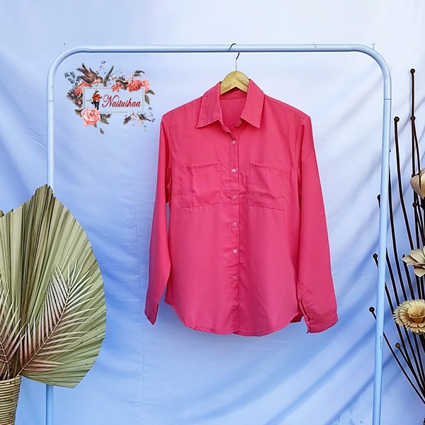 Kemeja Oversize Shirt Polos Pocket Kantong Tunik Kemeja Wanita Polos Dusty Pink Baju Atasan Cewek Full Kancing