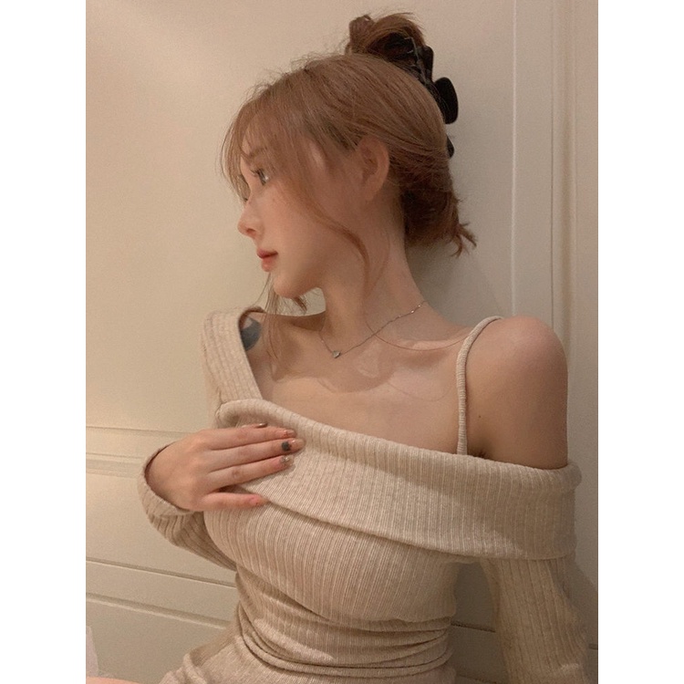 Keinginan murni hot girl off-the-shoulder lengan panjang gaun wanita musim gugur dan musim dingin 2022 baru budidaya diri dan paket tipis rok bottoming pinggul