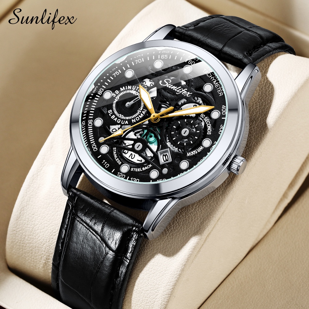 Sunlifex Jam Tangan Pria Dial Berongga Anti Air Kuarsa Tali Kulit Jam Pria Original Santai Mode Jam Tangan Cowok 7001-AllBlack