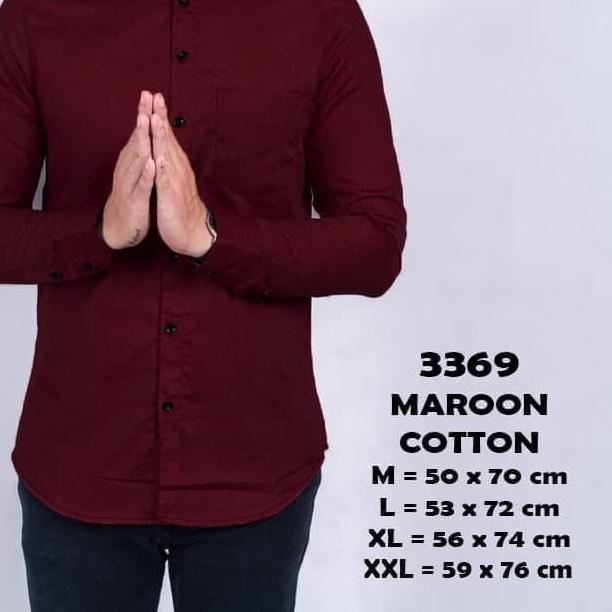 Kemeja pria kerah shanghai koko lengan panjang slimfit MERAH MAROON - Maroon, L