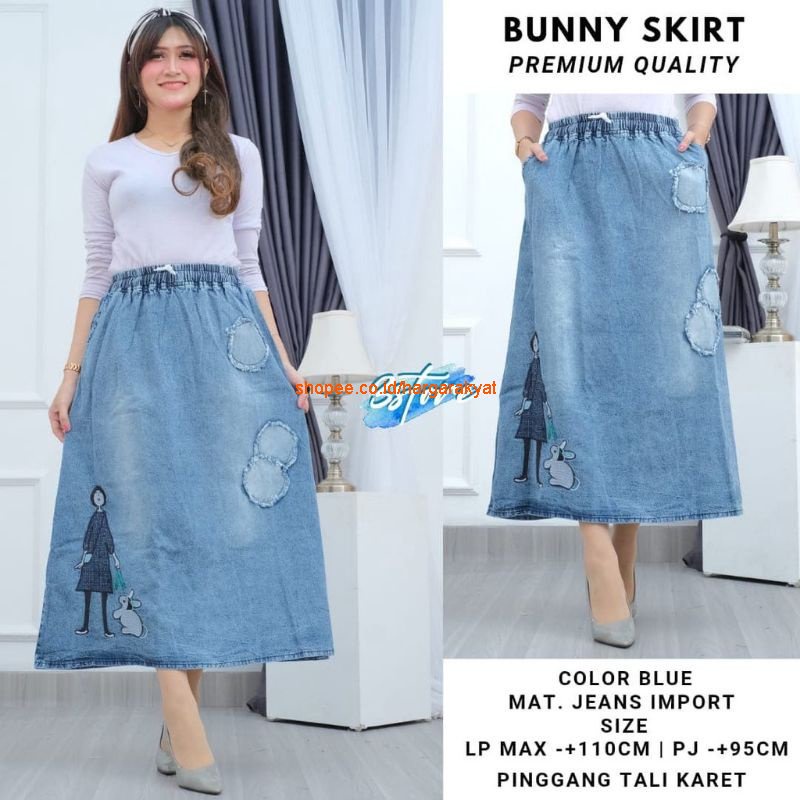 Rok Jeans Snow Bordir Kelinci | Outfit Rok OOTD Wanita Bordir Kelinci Buny Skirt