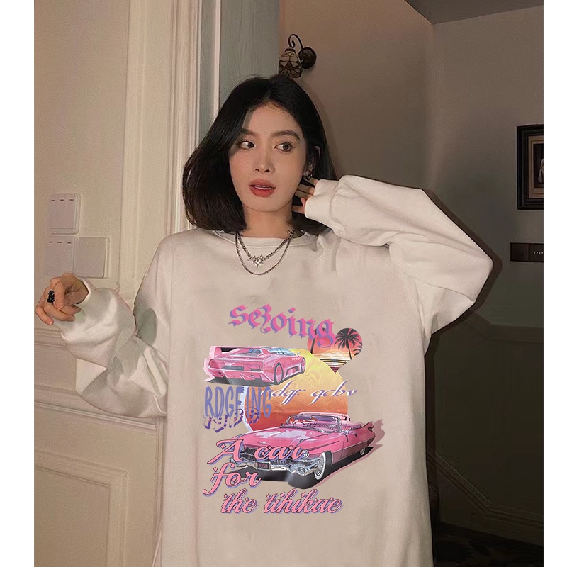 sweter wanita sweater oversize putih retro wanita korean style atasan baju wanita kekinian/American Vintage Girl Cartoon Graphic Priting