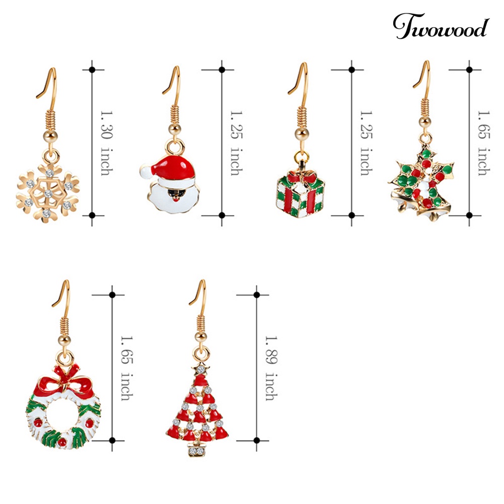 6 Pasang Anting Hook Desain Santa Claus Snowflake Jingle Bell Untuk Wanita