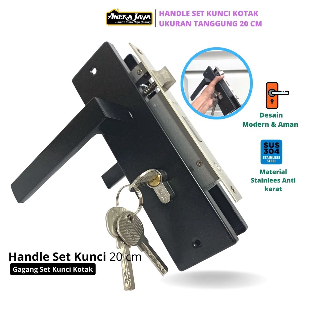 Handle Set Kunci Pintu Rumah Kamar Warna Hitam Ukuran Tanggung 20 cm Minimalis Murah Awet Bahan Stainlees