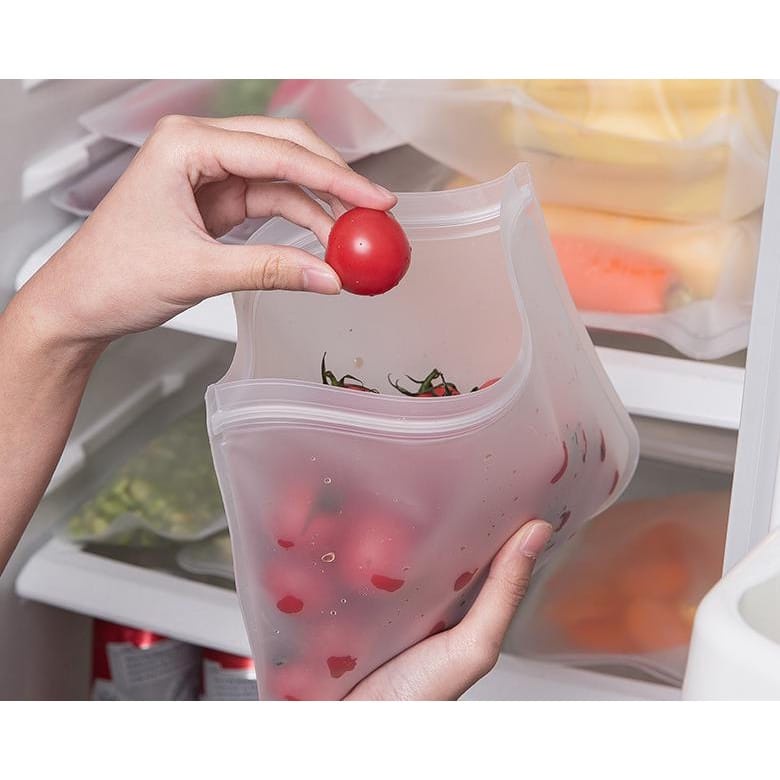 Reusable Silicone Food Bag Kantong Penyimpanan Makanan Kedap Udara Zipper Pouch