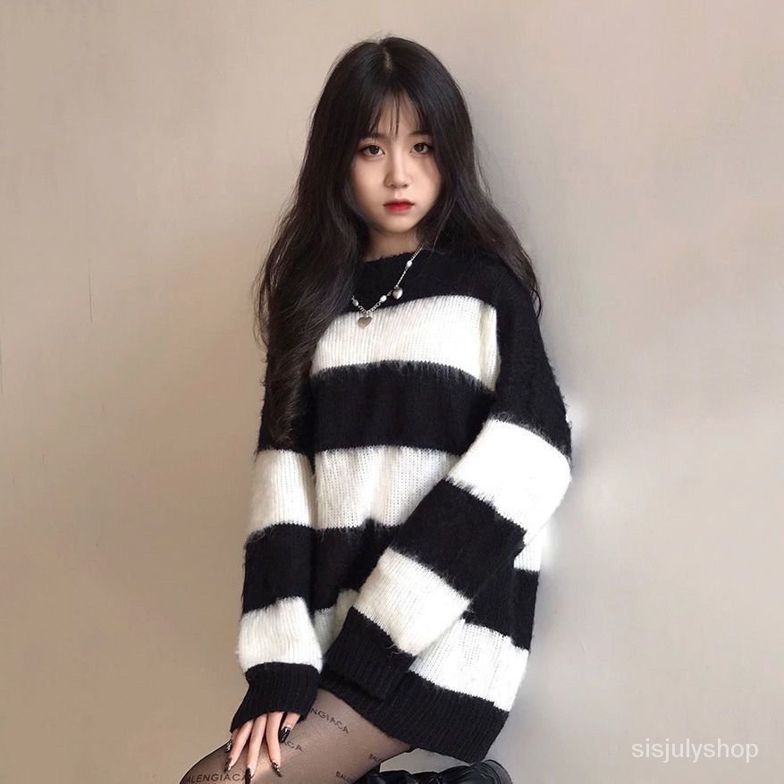 #Sisjuly# Striped jumper wanita baru longgar dan tipis bagian menengah panjang lengan panjang atasan