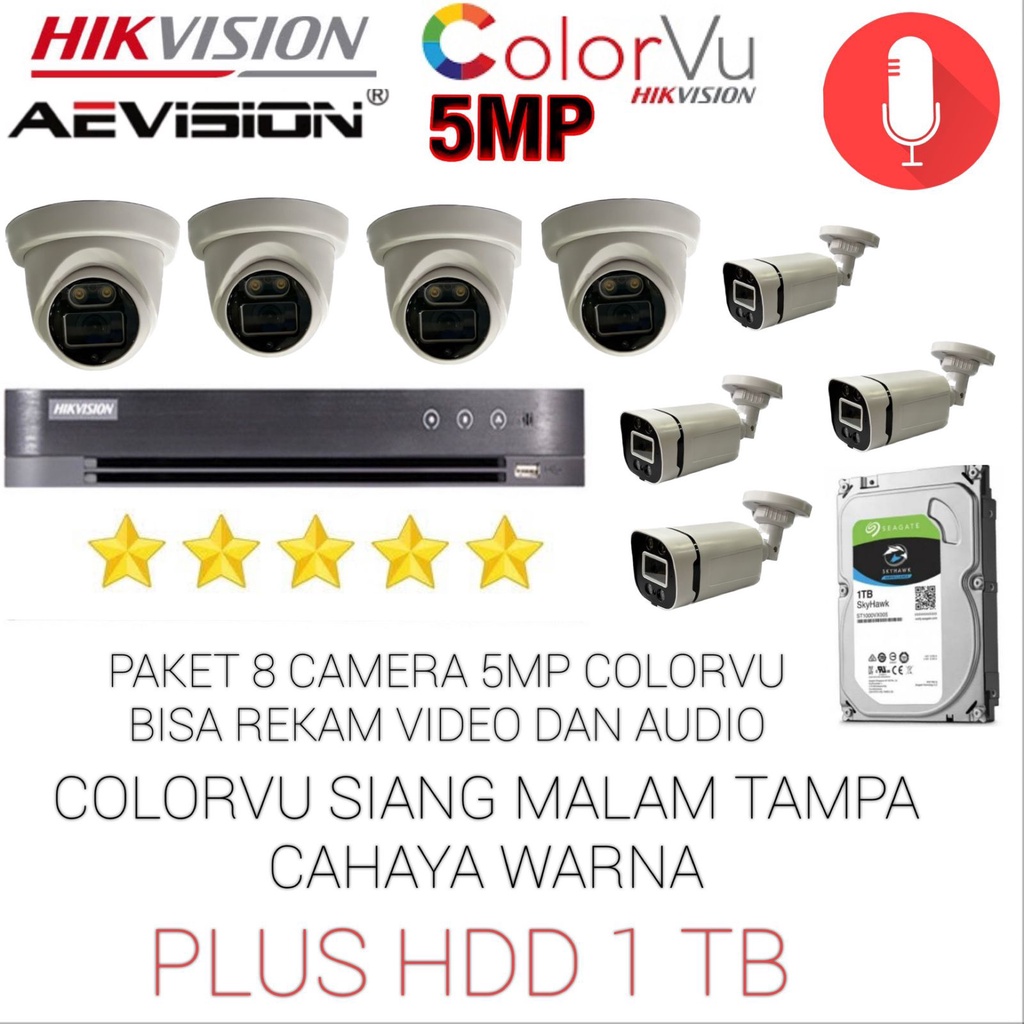 PAKET 8 CAMERA HIKVISION COLORVU 5MP MIC BISA REKAM VIDEO DAN AUDIO