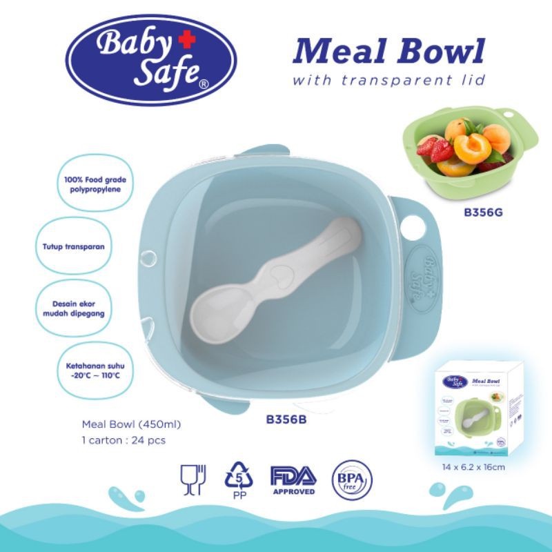 Meal Bowl Baby Safe Mangkok Makan Bayi Anak Mpasi dengan Tutup Sendok B356B B356G Navvmia