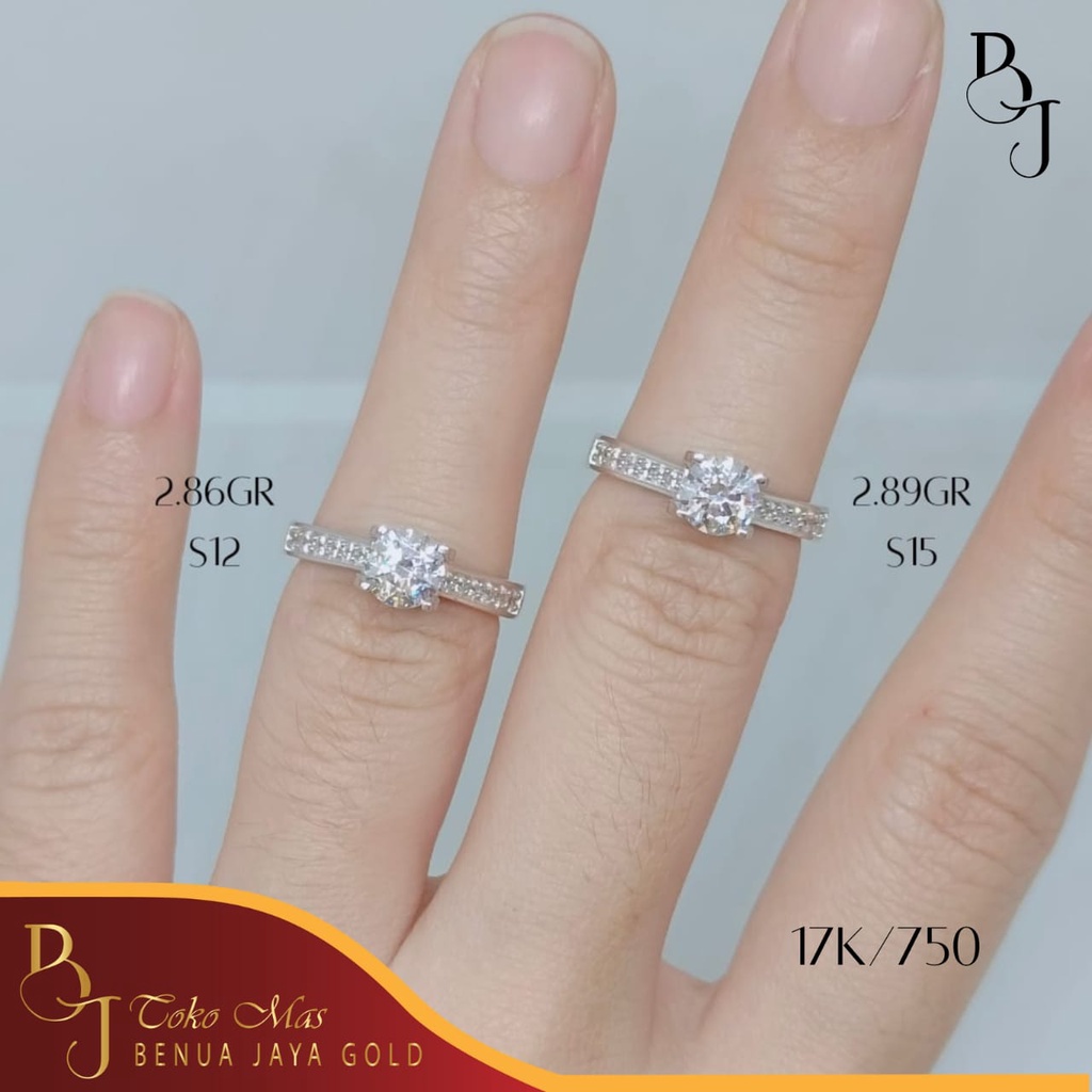 Cincin Solitaire Diamond Look Emas Putih 17K/750