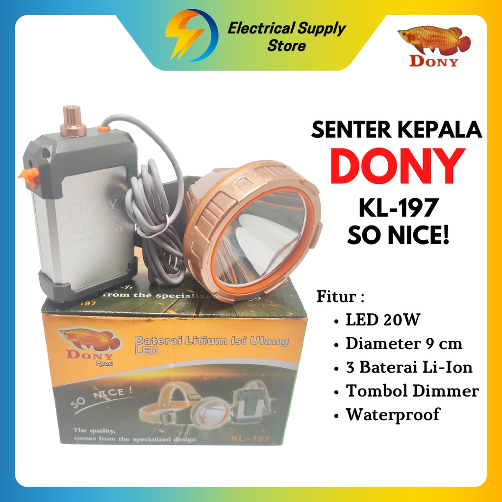 SENTER KEPALA DONY KL-197 | SO NICE | LED-20W | DIMMER (TOMBOL PUTAR) | BATERAI GANTUNG | PUTIH DAN KUNING |