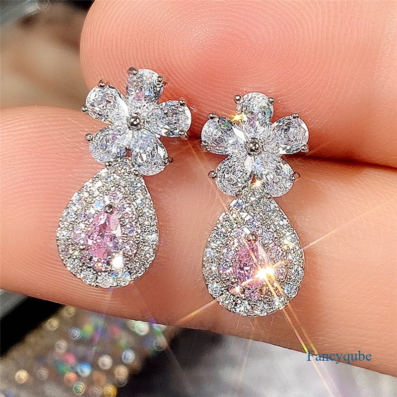 Fancyqube Anting Stud 925 Silver Needle Bentuk Bunga Kecil Hias Berlian Warna Pink