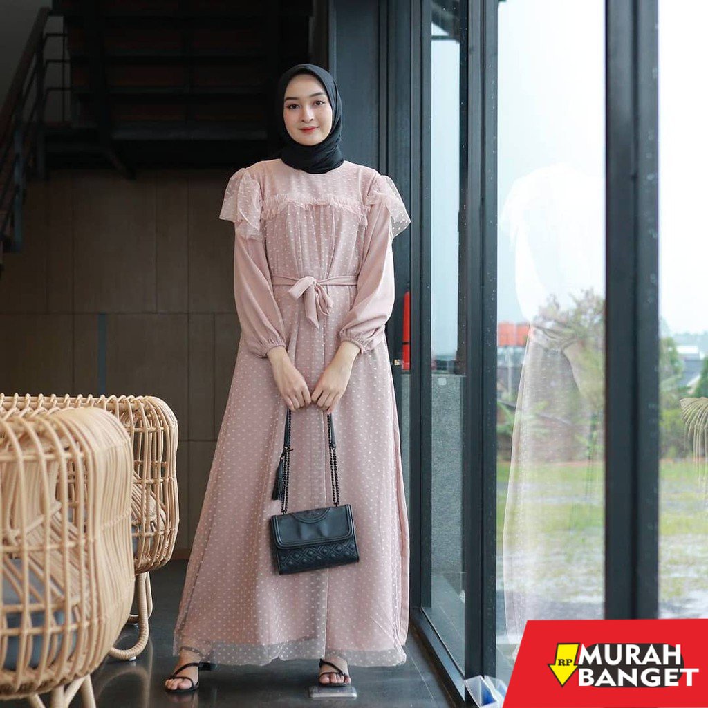 model gamis kombinasi polos terbaru 2022 MIRA DRESS TILE DOT - BRUKAT PARTY GAMIS MAXY REMAJA BROKAT
