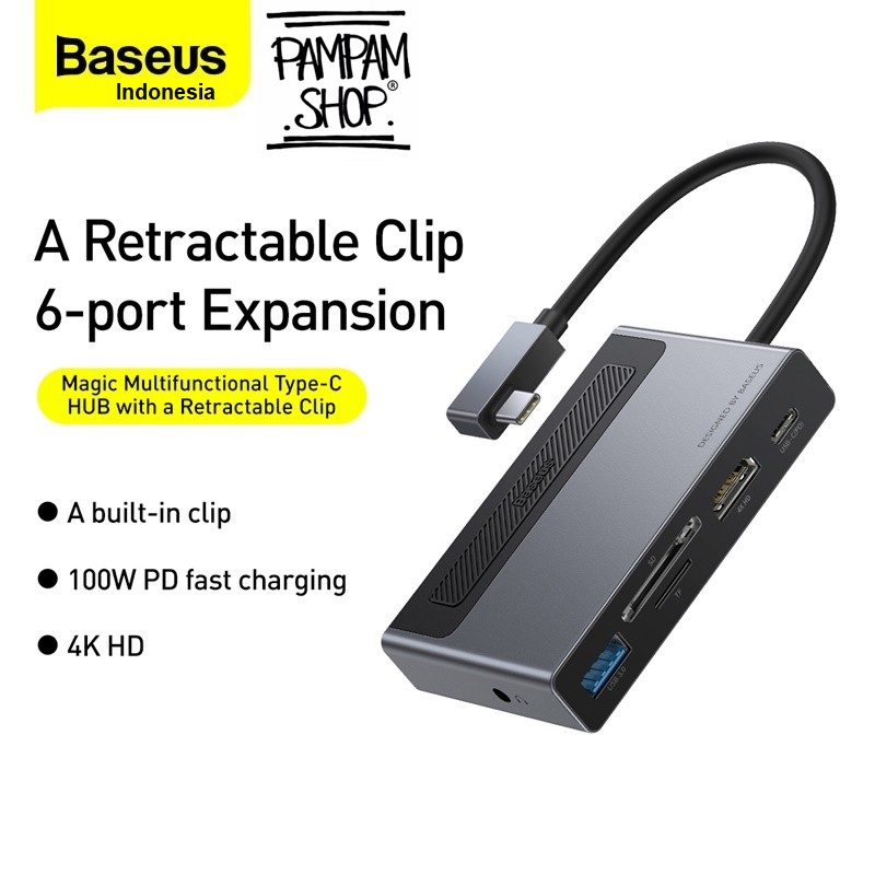 Baseus Original Magic Multifunctional 6 in 1 HUB Type C to 4K HDMI 100W USB 3.0 Jack Audio 3.5mm TF SD Tipe C Ori Fast Charging Adapter Adaptor