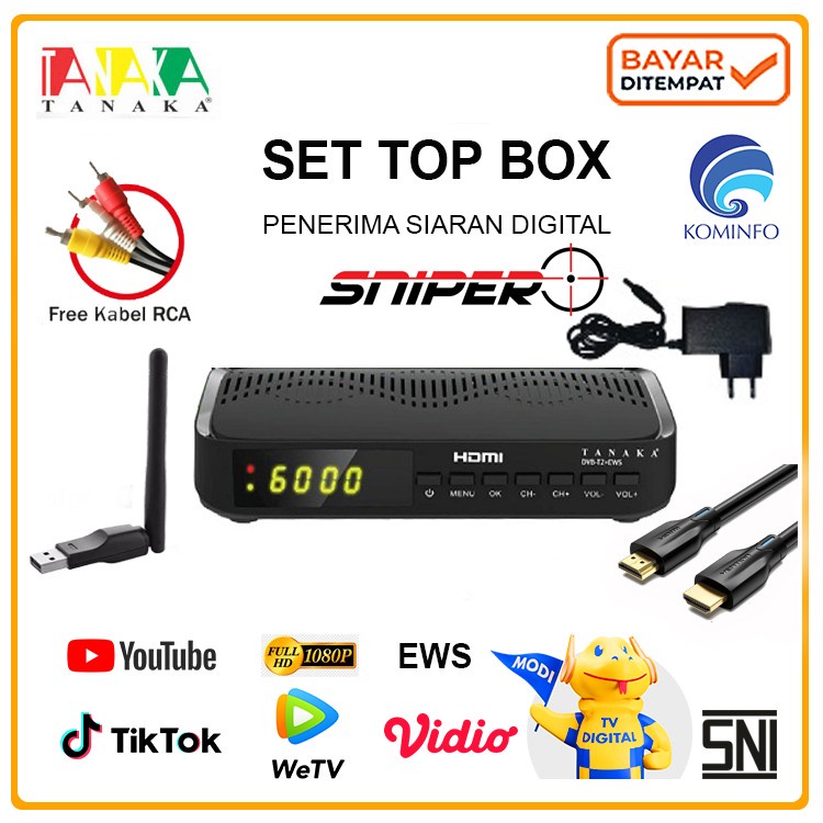 STB SET TOP BOX TANAKA SNIPER  STB DVB T2 TV DIGITAL RECEIVER DVB2IP - SNIPER BLACK, STB+HDMI+DONGLE