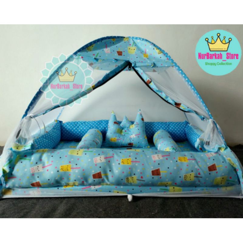 SET KASUR KOLAM TENDA MOTIF BOBA DRINK MOTIF MINUMAN BABY  BIRU TOSKA WARNA CEWEK COWOK BAYI USIA 0-