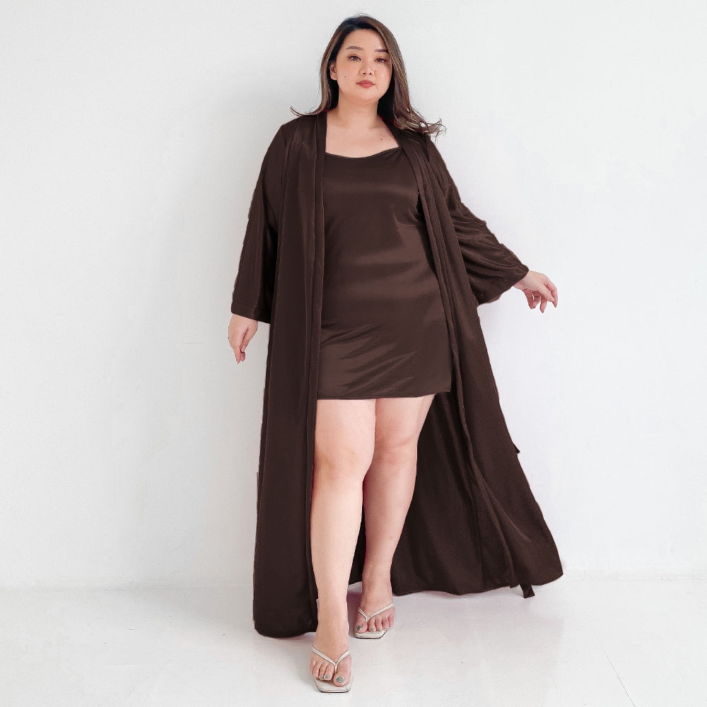 FOLVA kimono set panjang piyama satin 1382KGSET_XL Coklat XL jumbo