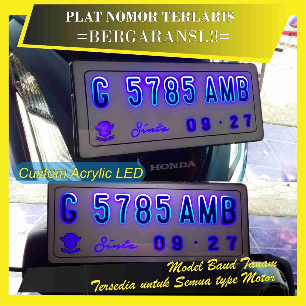 Plat Nomor Motor Putih Acrylic Led Custom (BERGARANSI) Variasi Akrilik Nyala
