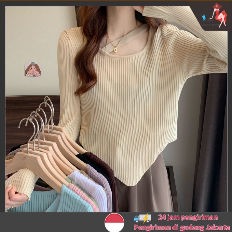 Knit Warp Top Korea Style Lengan Panjang Rajut Crop