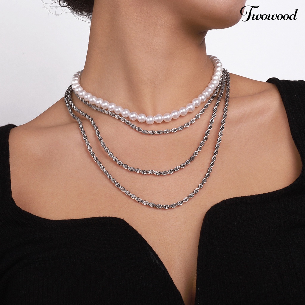 2pcs Kalung Multilayer Aksen Mutiara Imitasi Untuk Wanita