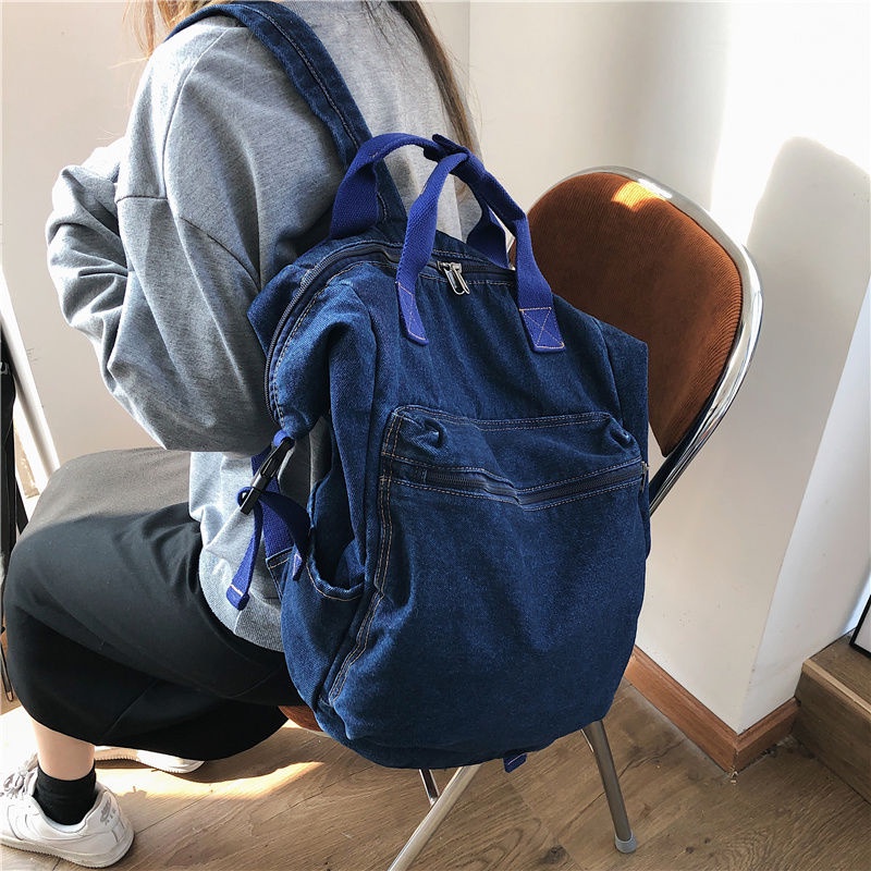 ◇☈Sastra Mori dan Seni Vintage Tas Sekolah Wanita Versi Korea Siswa SMA Melakukan Ransel Denim Tua Ransel Wanita