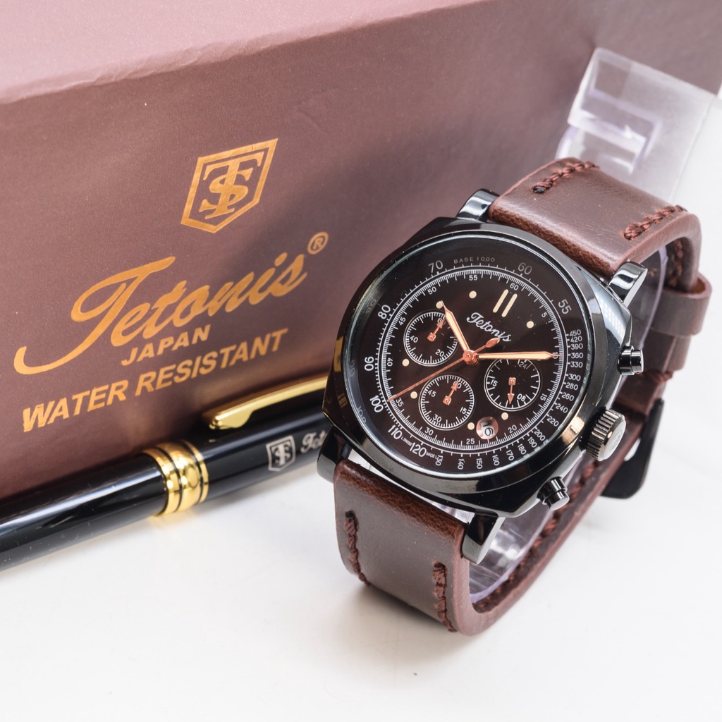 BEST SELLER JAM TANGAN PRIA TETONIS R145 TALI KULIT CHRONO AKTIF TANGGAL AKTIF DM 4.6CM FREE PULPEN, BOX ORI &amp; BATERAI || JAM TANGAN FASHION PRIA JAM TANGAN COWOK MURAH