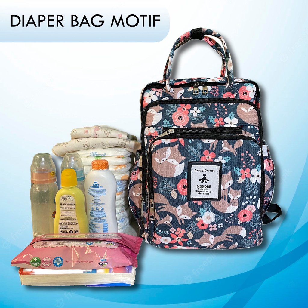 MONOBE Diaper Bag Motif / Tas Ransel Perlengkapan Bayi 2in1 / Tas Popok Traveling