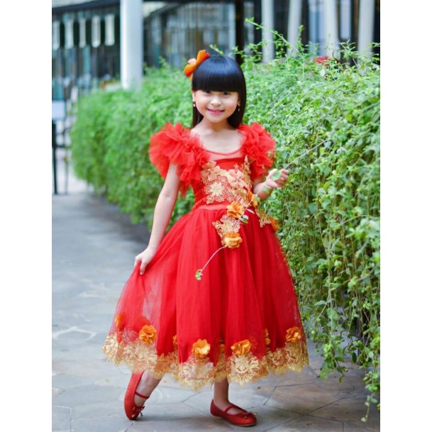 Dress Party Megar Brukat Golden, Dress Ulang Tahun Anak, Dress Natal