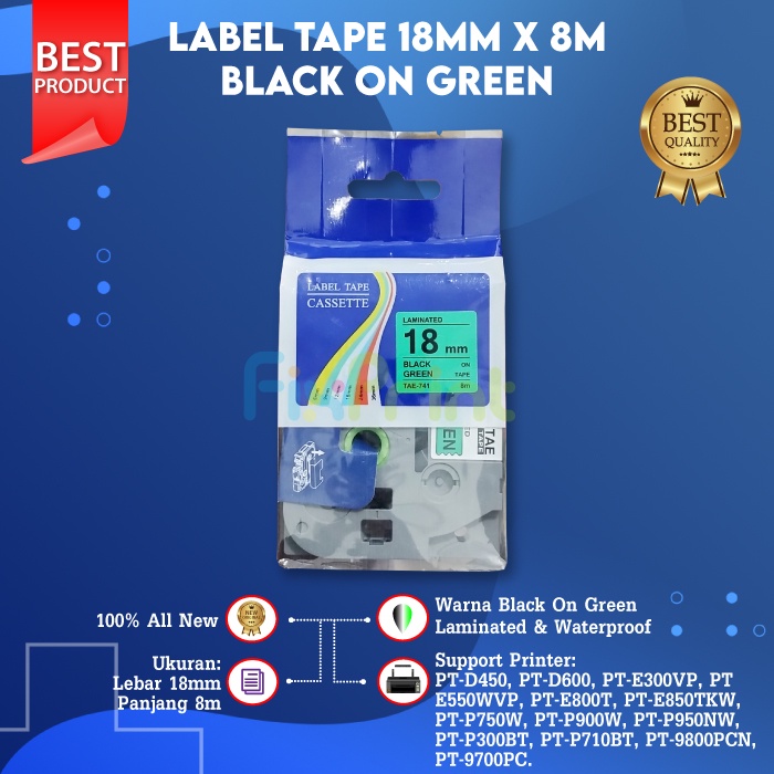 Compatible Label Tape Laminated TZE-741 18mm X 8m Black On Green