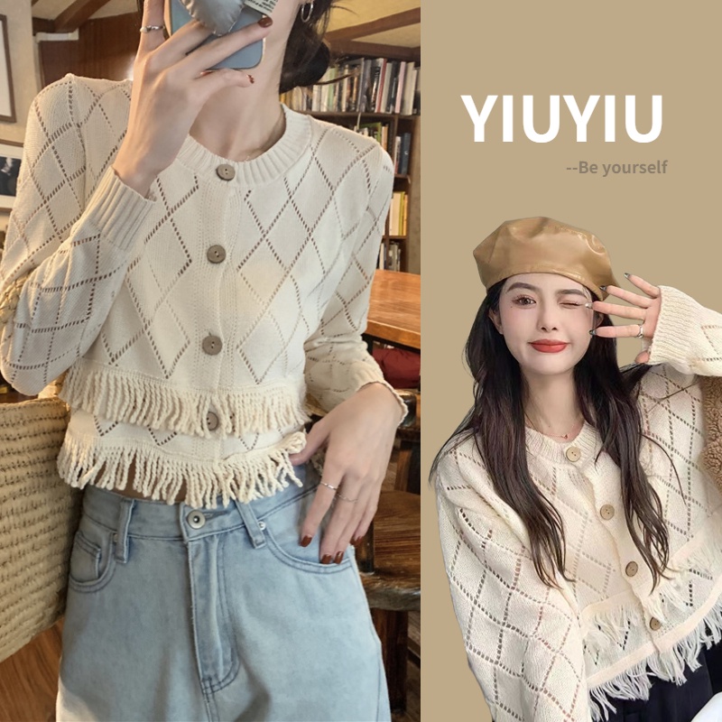 YIU YIU Rajut - Cardigan Rajut Crop Wanita Polos Vintage Lengan Panjang Casual Outer