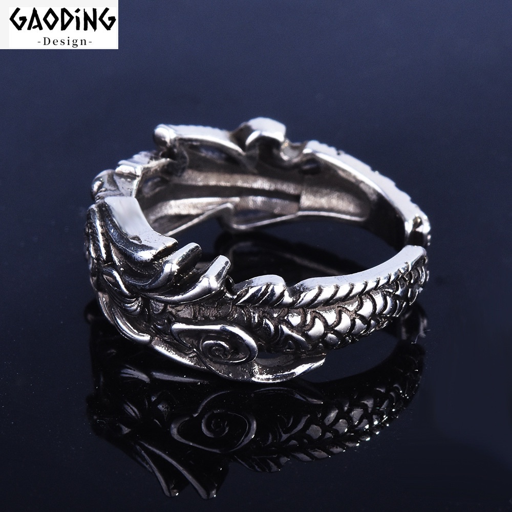 Cincin Lapis Silver Model Terbuka Dapat Disesuaikan Desain Naga Menggigit Ekor Gaya Rock Untuk Pria