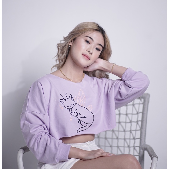 Yoru Sweater Crop Tee Cat Ungu Muda - Atasan Lengan Panjang/Jaket/Cardigan