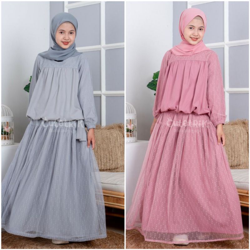 CUTETRIK 10-11 tahun Set Rok Anak Tulle NURA Setelan Muslim Pink Abu