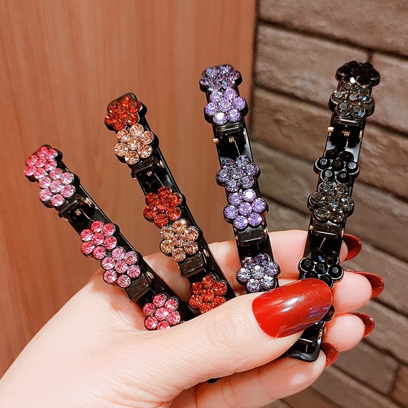 Aksesoris Jepit Rambut Model Lapis Ganda Motif Bunga Aksen Kristal Berlian Untuk Wanita