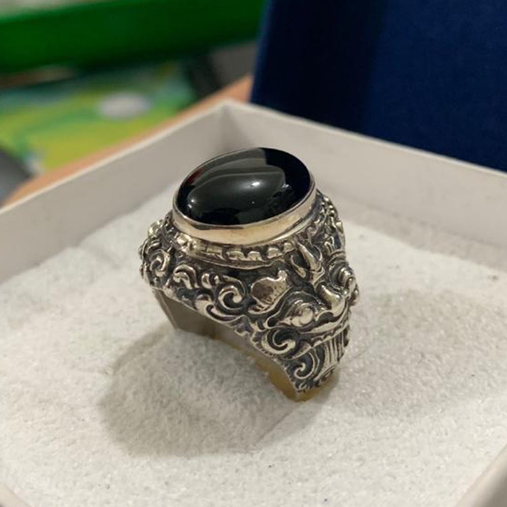 Cincin Ring Perak Silver Bali Asli 925 Ukir Rangda Barong Batu Akik Onyx Besar Pria Laki Wanita Kere
