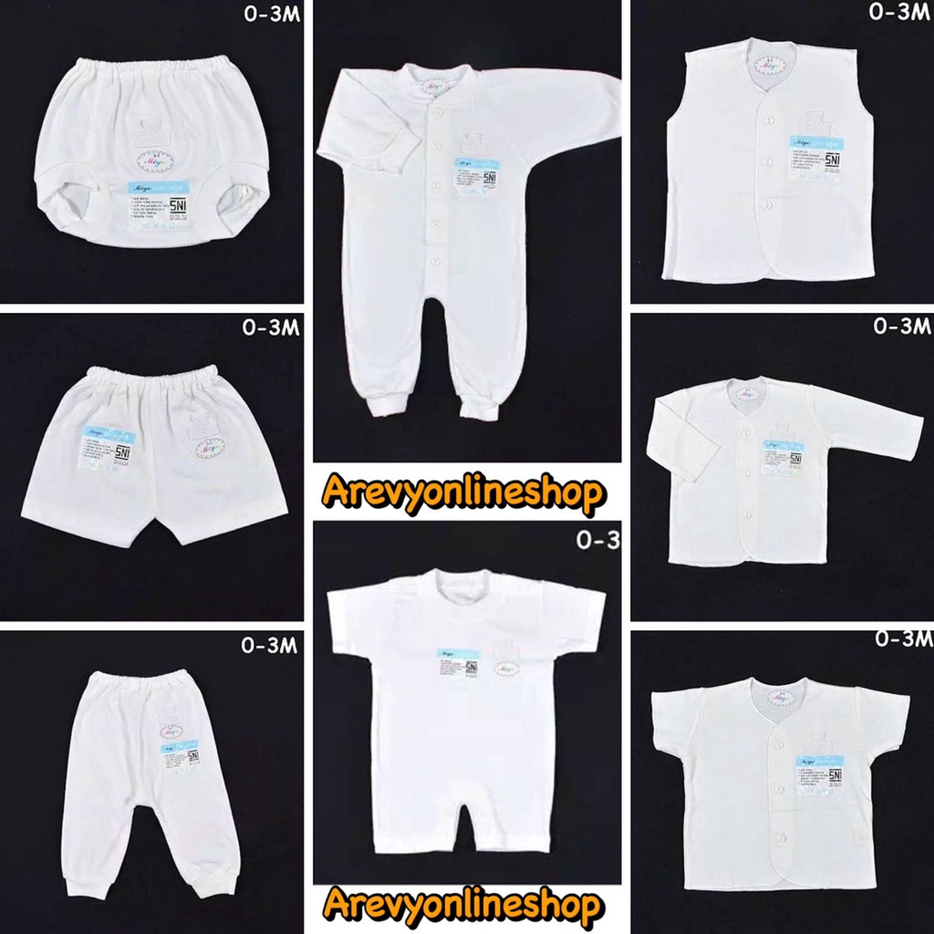 Baju Celana MIYO Putih 0-3 Bln Setelan Panjang Pendek Kutung Baju Bayi Newborn Kodok Sarung Tangan Kaki STK Jumper Topi Baby Popok Tali SNI Arevyonlineshop