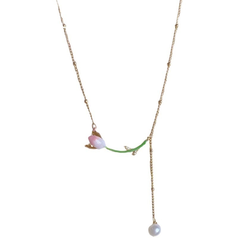 Kalung Rantai Dengan Liontin Bunga Tulip + Mutiara Elegan Ala Korea / Jepang Untuk Wanita