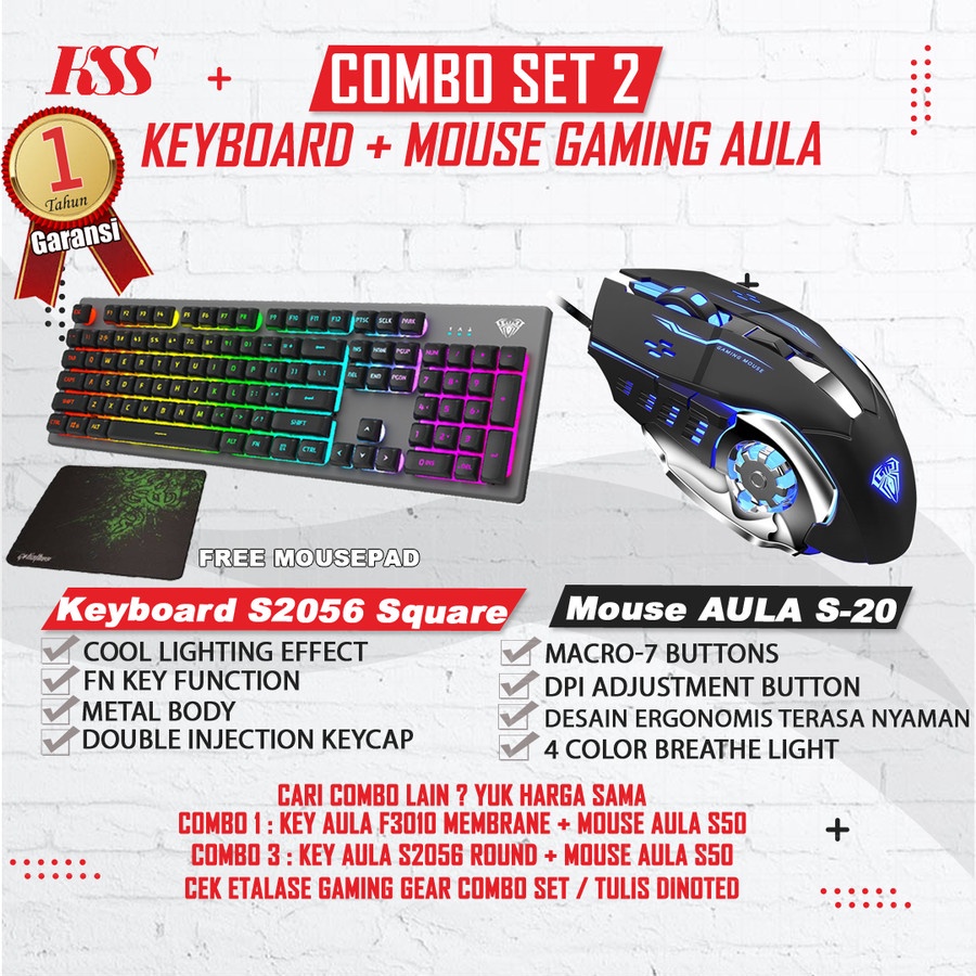 Combo AULA GAMING Keyboard S2056 Square dan Mouse AULA S20 LED RGB