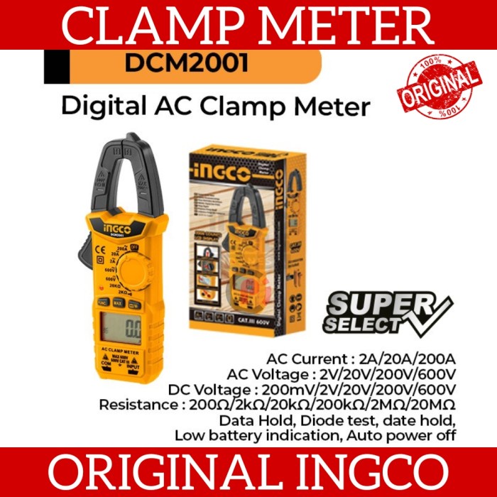 INGCO Clamp Meter Digital Tang Ampere Ukur Arus Multi AC 200A 600V