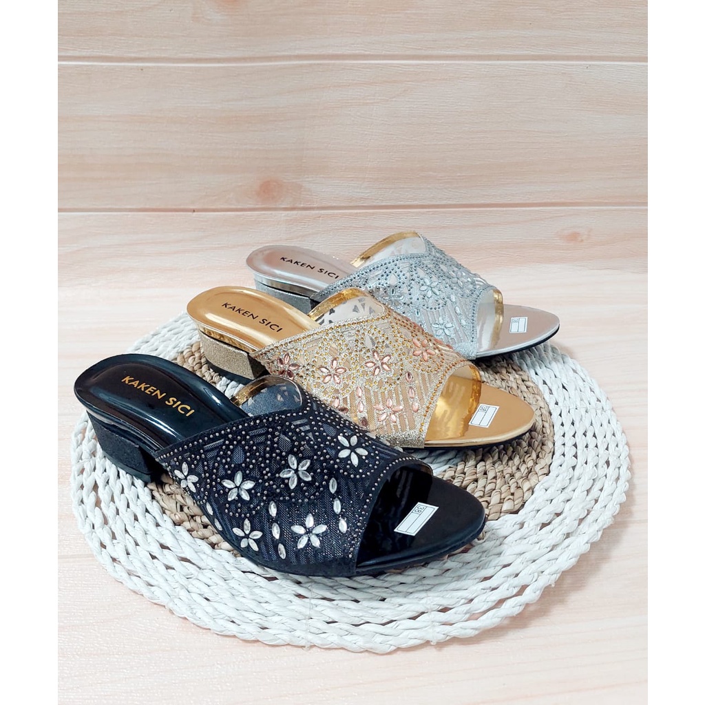 KAKEN SICI SANDAL PESTA WANITA SANDAL HAK TAHU MOTIF PAYET IMPORT HAK BUNGKUS 3 CM YD 012