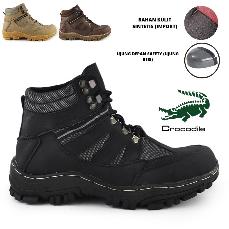 Sepatu Safety Proyek Ujung Besi - Septy Shoes Boot - Septi Kerja Lapangan Kulit Sintetis Tali - Sepatu Boots Crocodile ARMOR