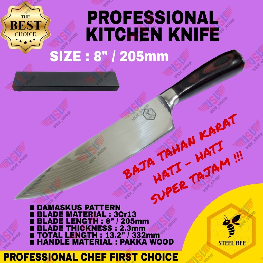 Steel Bee Pisau Dapur Gagang Kayu Premium Chef's Knife 8&quot; Tahan Karat