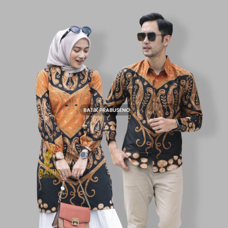 Batik Prabuseno Couple Set Indira Hitam Atasan Tunik Wanita Dan Kemeja Pria Lengan Panjang Slimfit B