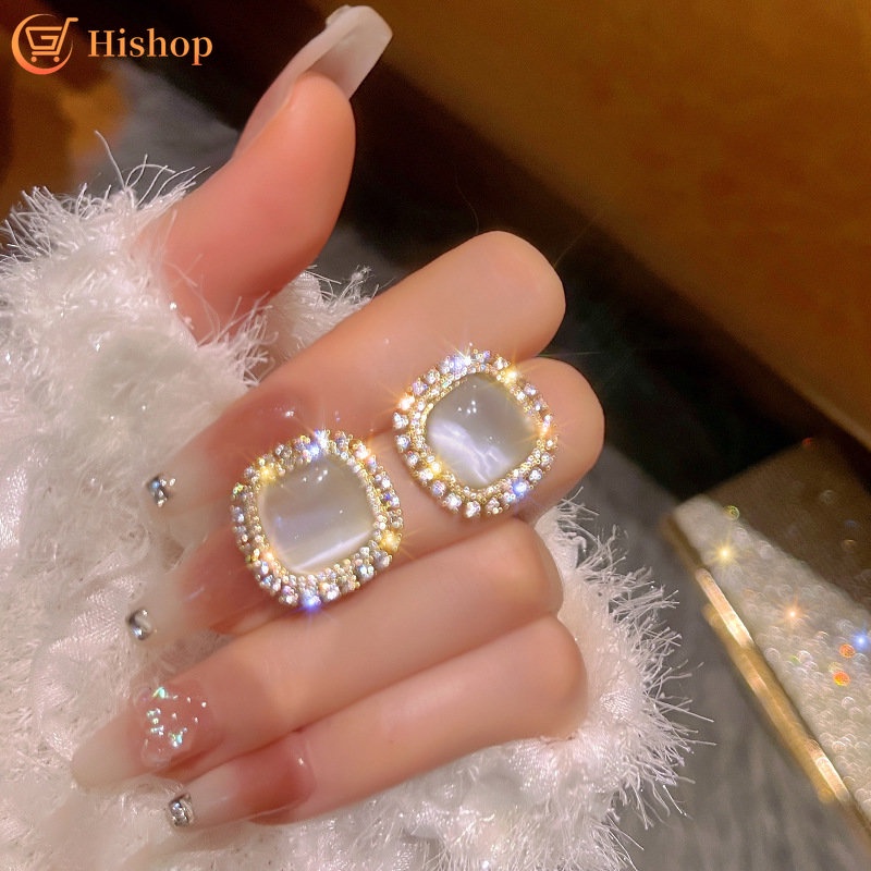 Anting Stud Zircon Opal Bentuk Persegi Bahan S925 Silver Gaya Retro Untuk Wanita