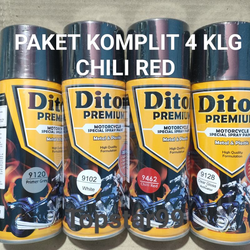Pilok Cat Diton Premium Paket Komplit 4 Kaleng Chili Red Merah Cabe 9462 Primer Grey 9120 White 9102 Clear Gloss 9128 400cc Pilox Paketan Cat Semprot Special Spray Paint