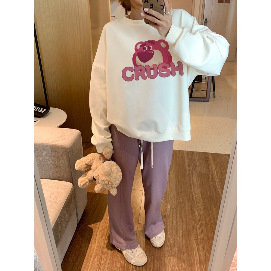 EUNII Sweater Lengan Panjang Cute Strawberry Bear Korean Style/Hoodie Oversize/Baju Wanita/Switer Wanita