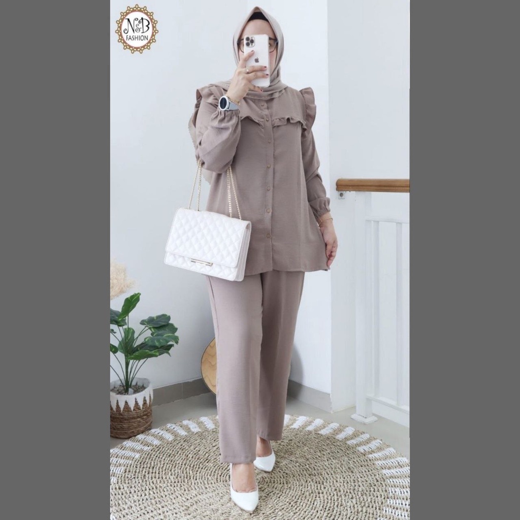 Milly Set - One Set Wanita Kemeja Import Crinkle Airflow Setelan Wanita Celana Panjang Lengan Panjang LD 110 cm