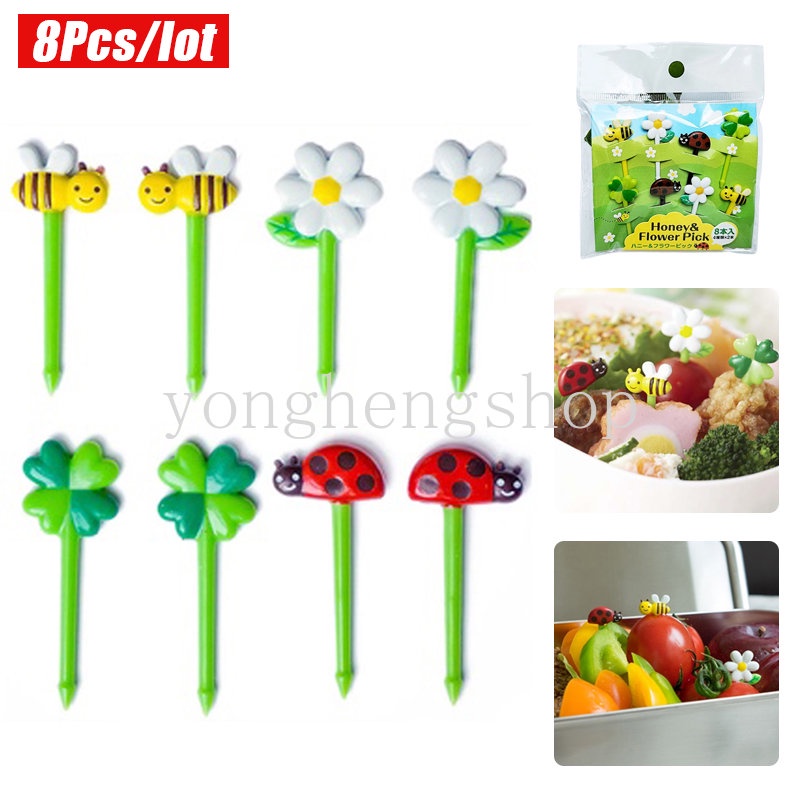 8pcs / set Garpu Buah / Dessert / Kue / Salad / Bento Desain Kartun Lebah Mini Untuk Peralatan Makan Anak