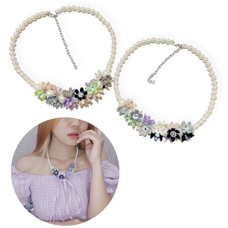 Griselda Flowery Crystal Pearl Necklace Kalung Mutiara Kristal Panjang Kalung Hijab Korea Bunga Kelopak
