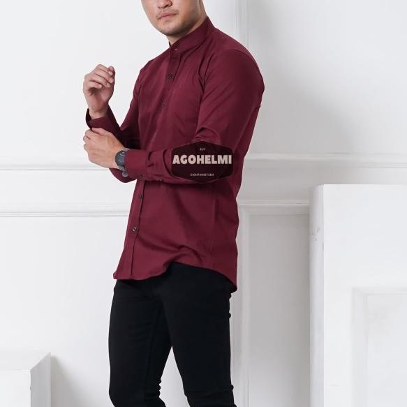 Kemeja Lengan Panjang Pria Merah Maroon Kerah Shanghai Polos Slimfit - Maroon, L